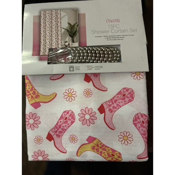 Country Shower Curtain‎ Western Cowgirl Pink cowboy Boots Hooks72x72" 13 Pc New - Picture 2 of 3
